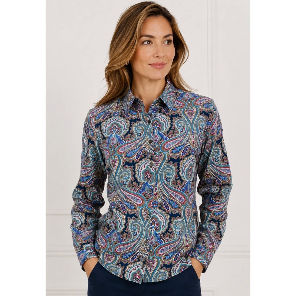 Lands End Womens Blue Paisley No Iron Supima Cotton Button Down Shirt Size 6